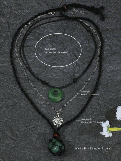 Set de joyería de 3 piezas para mujeres bohemias Y2K compuesto por collar red ajustable de piedra con hebilla tipo paz en estilo gótico antiguo confeccionado con Liuli y verde oscuro / verde claro como jade