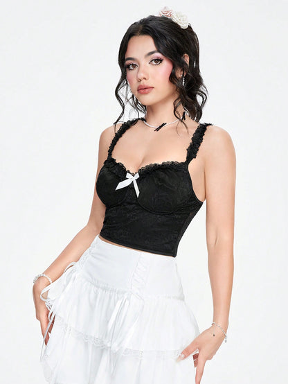 ROMWE Kawaii Top de camisola blanco/rosa con lazo puro y sexy y ribete de encaje para mujeres en vacaciones