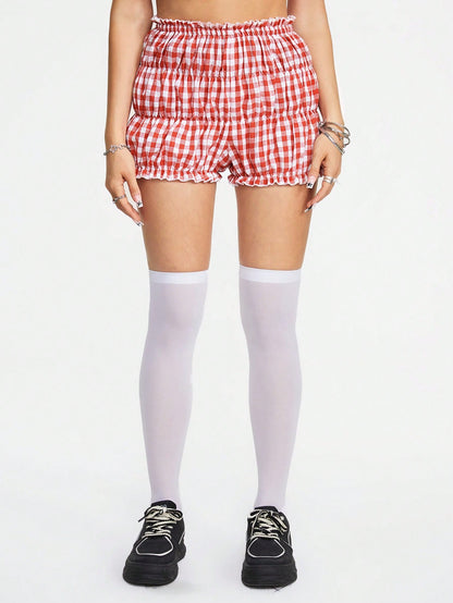 ROMWE Kawaii Pantalones cortos con cintura de lazo de cuadros vichy dulces para mujer, verano, escuela