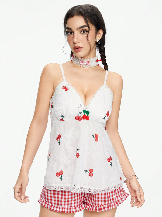 ROMWE Kawaii Top de encaje con bordado de cerezas dulces y encantadoras