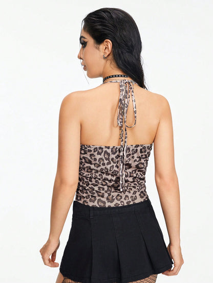 ROMWE Grunge Punk Top atractivo de leopardo con cuello halter y decoración de lazo para mujeres, longitud corta
