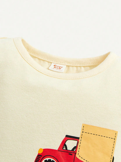 Conjunto cómodo de pijama ajustado para bebé niño - Parte superior de manga larga y cuello redondo con estampado de coches animados y pantalones largos, 2 piezas / set, ropa de hogar altamente elástica y cómoda