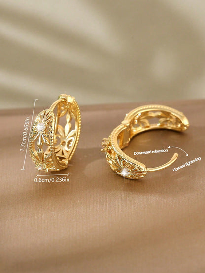 1 Par De Elegantes Pendientes De Círculos Geométricos Con Incrustaciones De Cobre Y Strass, Perfectos Para Una Cita O Como Regalo