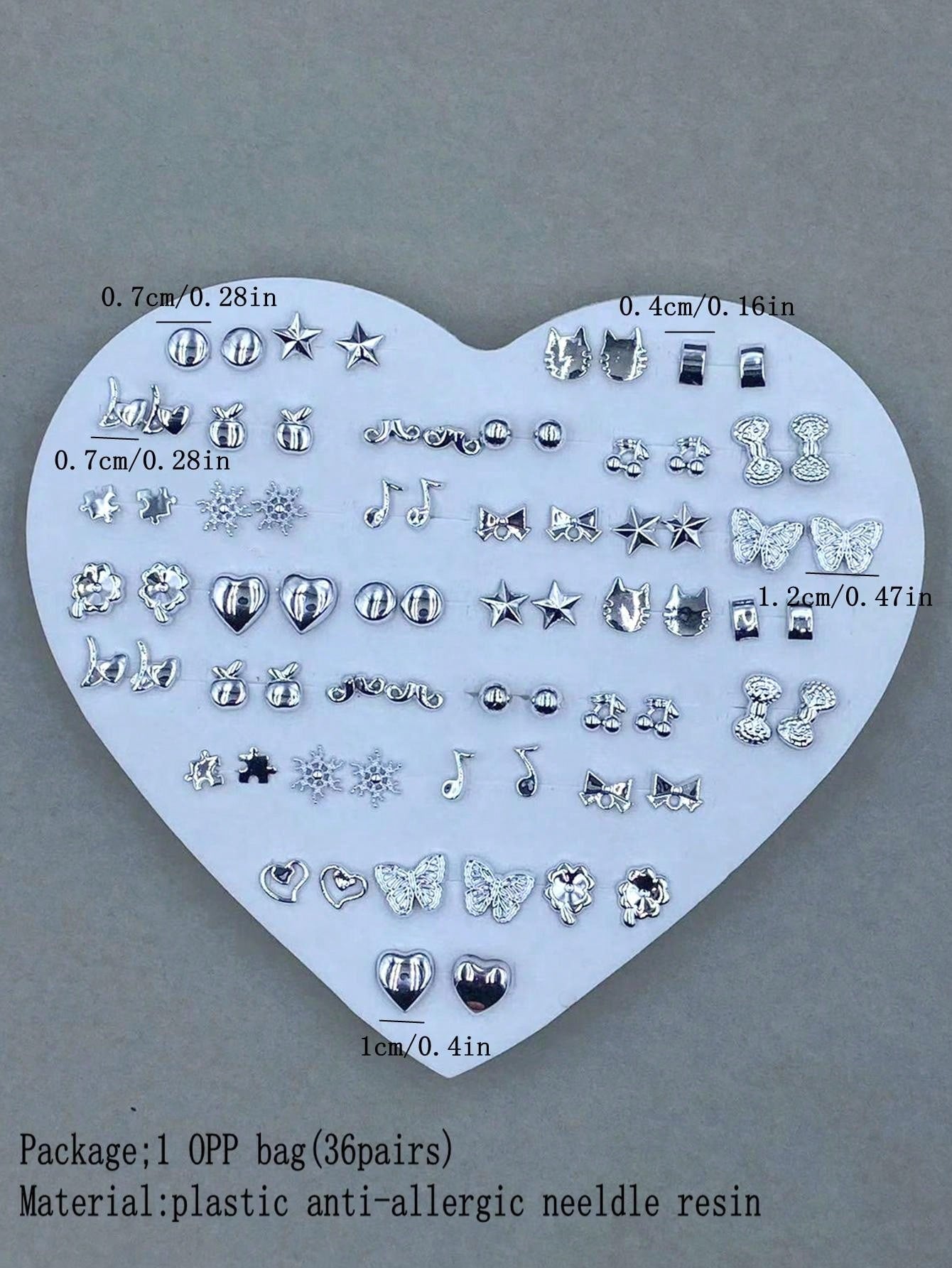 36 pares Juego surtido de aretes de botón hipoalergénicos de plástico con diseños de corazón, estrella, mariposa, corona y nota musical para mujeres