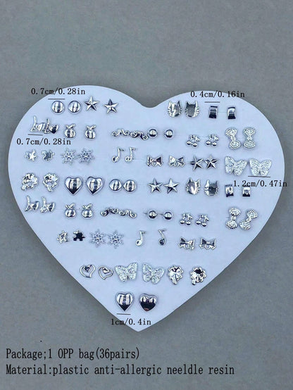 36 pares Juego surtido de aretes de botón hipoalergénicos de plástico con diseños de corazón, estrella, mariposa, corona y nota musical para mujeres