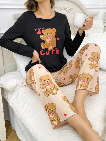 Conjunto de pijama de mujer con top de manga larga y pantalones con estampado de oso de dibujos animados, corazón y letras