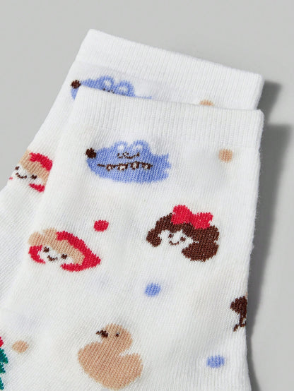 ROMWE Kawaii 4 pares de calcetines de moda con estampado de princesa blanca para mujeres, para todas las estaciones