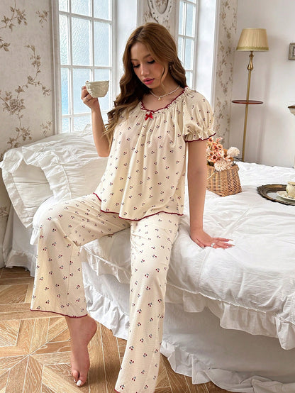 Conjunto de pijama de manga abullonada y estampado de cerezas para mujer con bloques de color