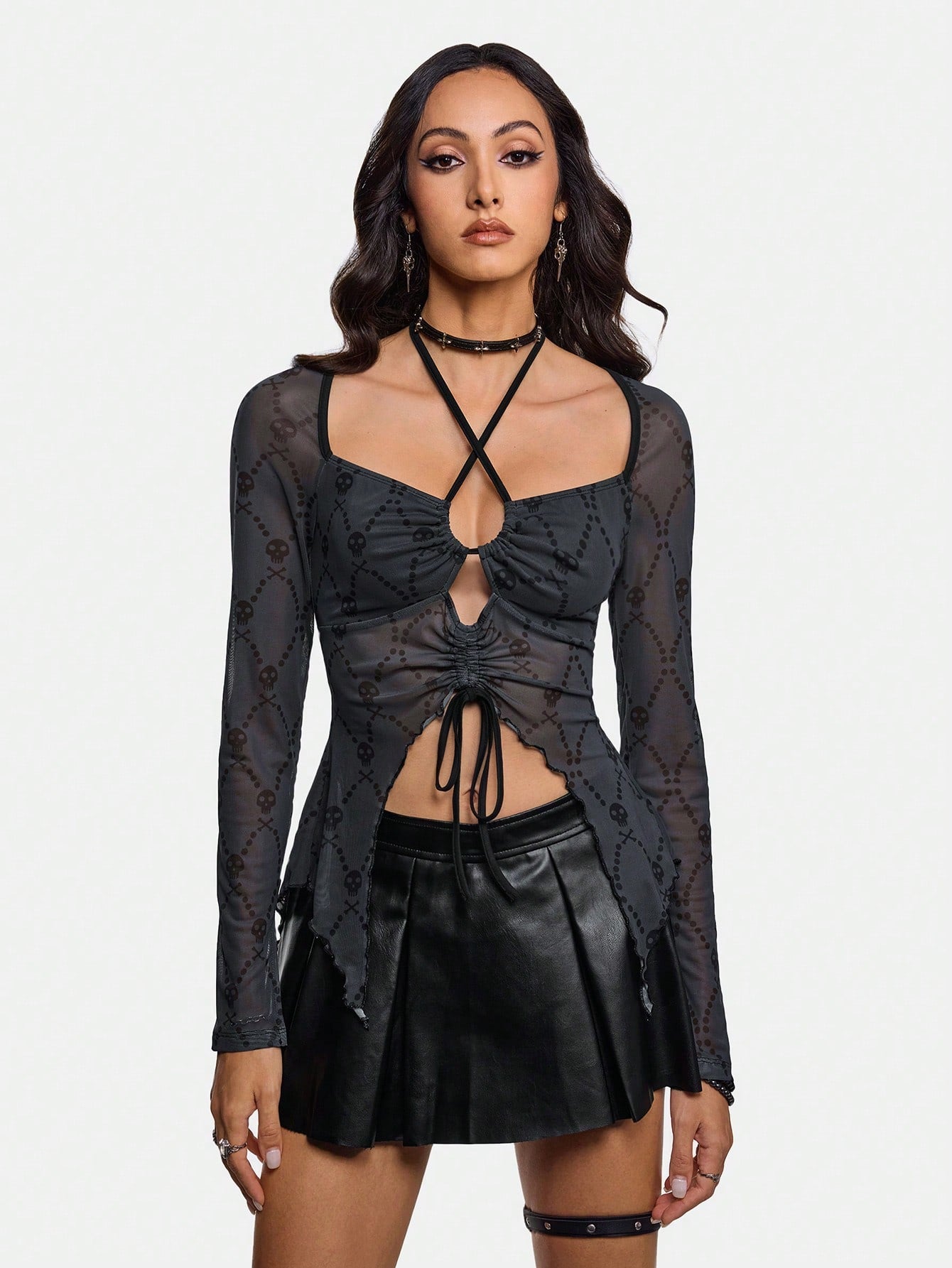 Studio Schimm Blusa de mujer con impresión de calavera oscura, de color negro, ropa de mujer para otoño e invierno