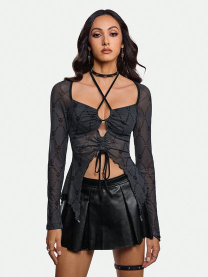 Studio Schimm Blusa de mujer con impresión de calavera oscura, de color negro, ropa de mujer para otoño e invierno