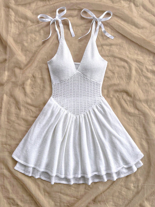 SHEIN WYWH Vestido de suéter de dama con escote en V, lazo de satén, espalda descubierta, dobladillo de doble capa, color blanco, estilo romántico y casual de hada de playa