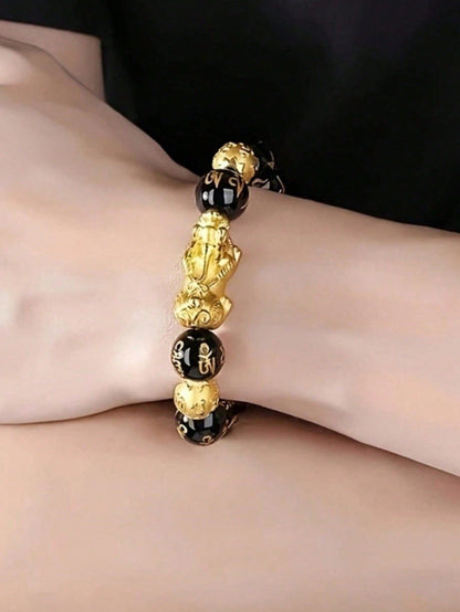 1 pieza Pulsera con dije de Pixiu de piedra de obsidiana exquisita - Atrae riqueza y buena fortuna, amuleto de la suerte negro unisex - Regalo perfecto para el Día del Padre, ella o él, Navidad, Acción de Gracias, Año Nuevo y vacaciones