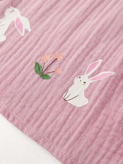 Cozy Pixies Conjunto casual para bebé niña con blusa de cuello cuadrado estampada con flores y conejos con ribete de volantes, y pantalón corto tipo bombacho