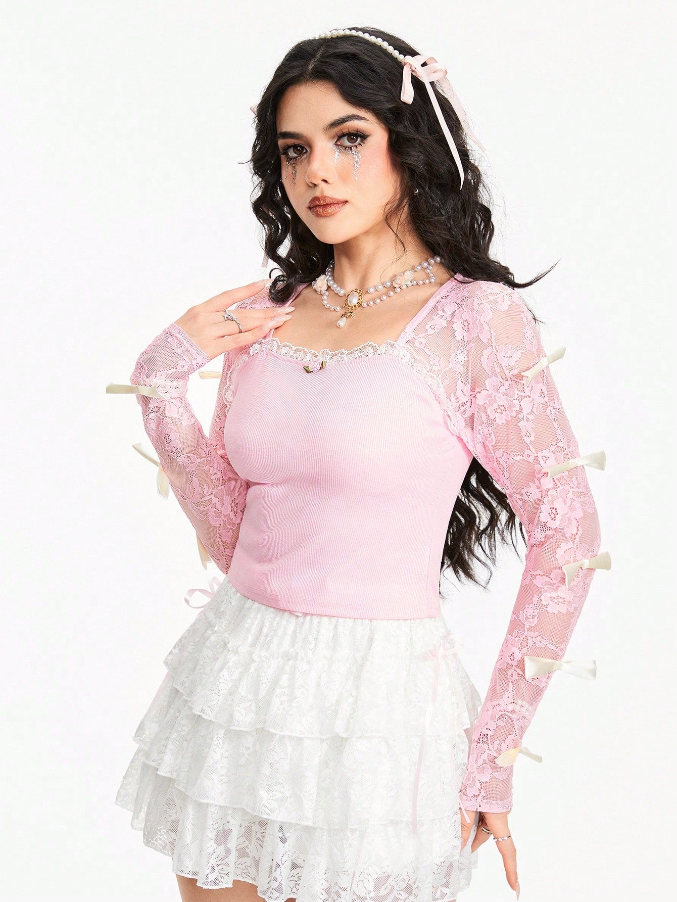 ROMWE Kawaii Camiseta de mujer de cuello cuadrado con parche de encaje, decoración de lazo y mangas largas, de unicolor