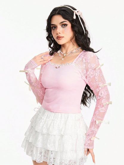 ROMWE Kawaii Camiseta de mujer de cuello cuadrado con parche de encaje, decoración de lazo y mangas largas, de unicolor