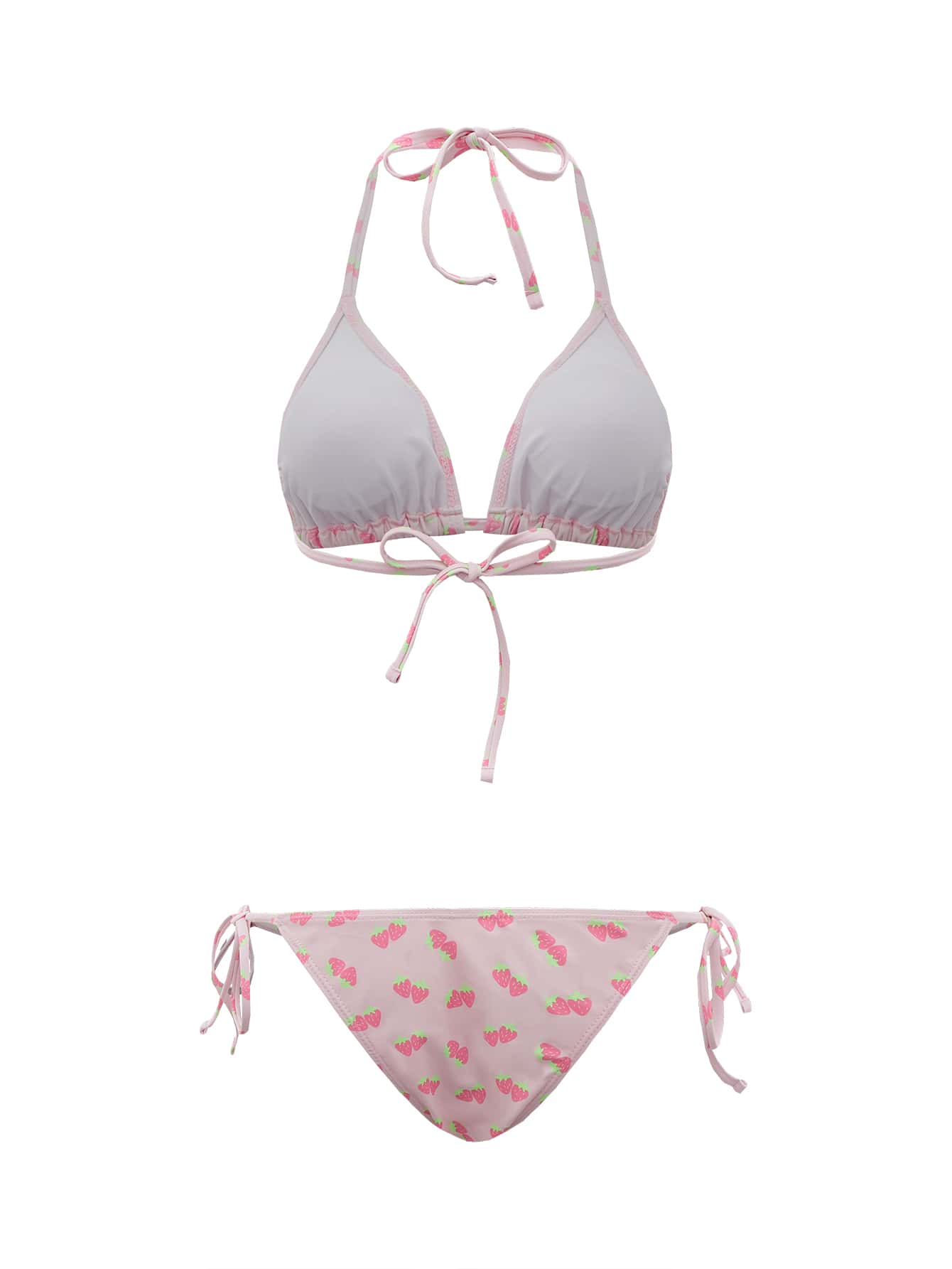 ROMWE Kawaii Conjunto de 4 paquetes de bikini con estampado de fresa con parte superior halter y lazos laterales y cubierta a juego