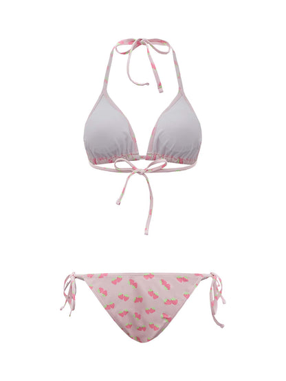 ROMWE Kawaii Conjunto de 4 paquetes de bikini con estampado de fresa con parte superior halter y lazos laterales y cubierta a juego