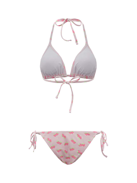 ROMWE Kawaii Conjunto de 4 paquetes de bikini con estampado de fresa con parte superior halter y lazos laterales y cubierta a juego