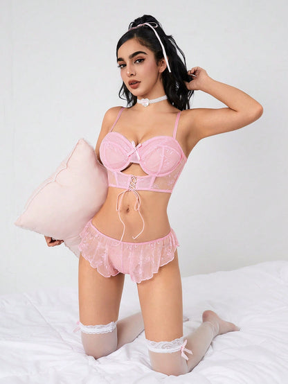 ROMWE Kawaii Conjunto de lencería sexy romántica y dulce con sujetador de encaje con aros, cruzado con decoración de mariposas huecas y tiras en T