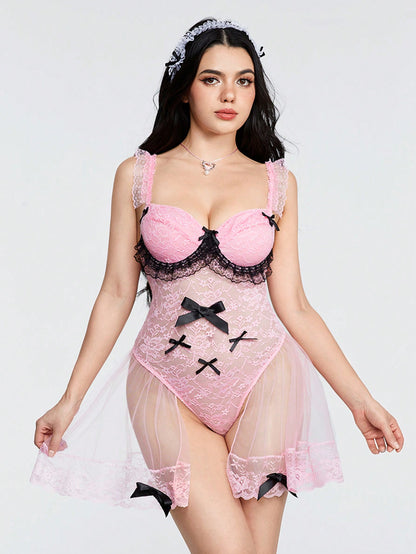 Sweetness Body Lencería Floral Sexy para Mujer con Detalle de Lazo y Moño de Encaje
