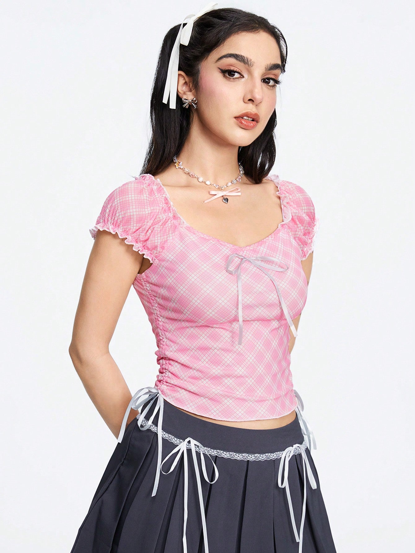 ROMWE Kawaii Camisa elegante de dama a cuadros rosa con manga abullonada, lazo de corbata en la cintura, fruncido en los lados y escote cuadrado bajo