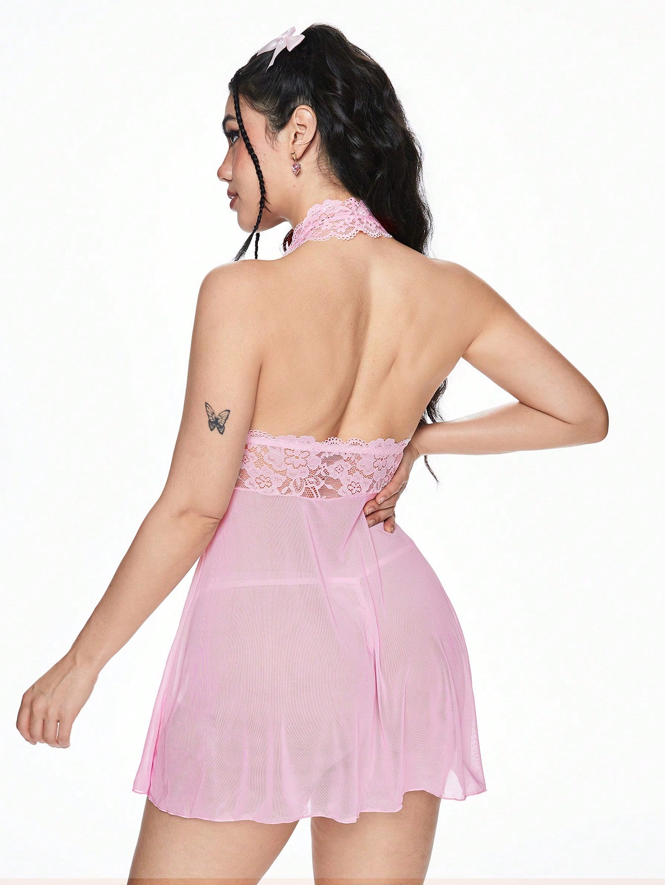 ROMWE Kawaii Conjunto de mini vestido con lazo de atar en el cuello estilo encaje, para el Día de San Valentín romántico