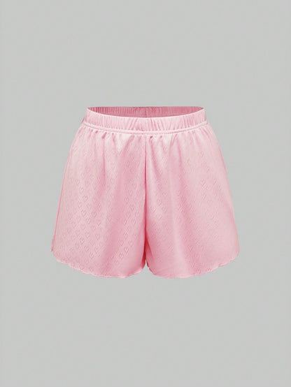 ROMWE Kawaii Conjunto de pijama de mujer con encaje de punto hueco y lazo romántico y encantador en forma de corazón