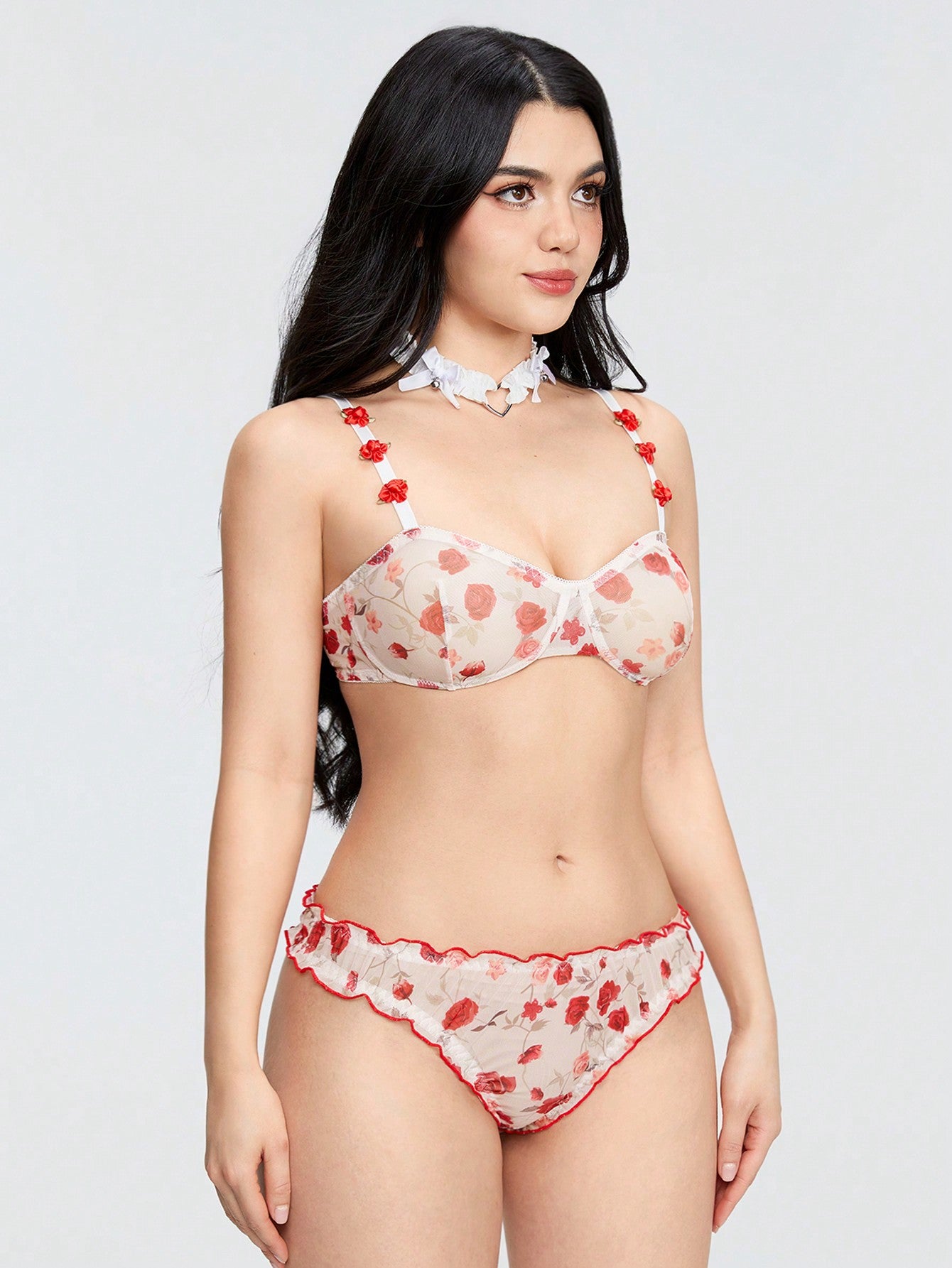 ROMWE Kawaii Conjunto De Ropa Interior De 2 Piezas Con Estampado Floral Decorado Con Rosas Transparente Y Sexy
