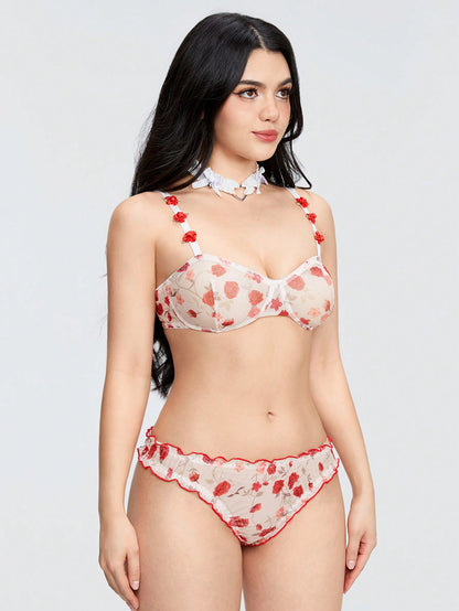 ROMWE Kawaii Conjunto De Ropa Interior De 2 Piezas Con Estampado Floral Decorado Con Rosas Transparente Y Sexy