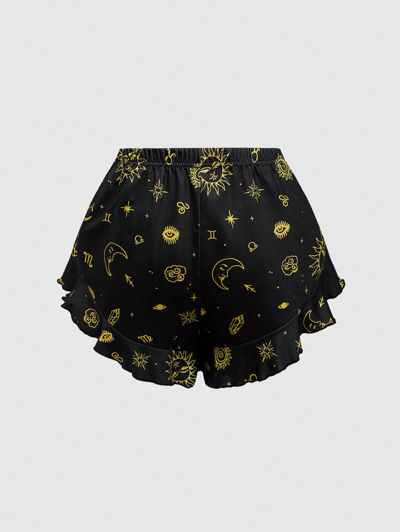 ROMWE Hippie Conjunto de pijama informal con estampado de estrellas de día y noche y dobladillo con volantes