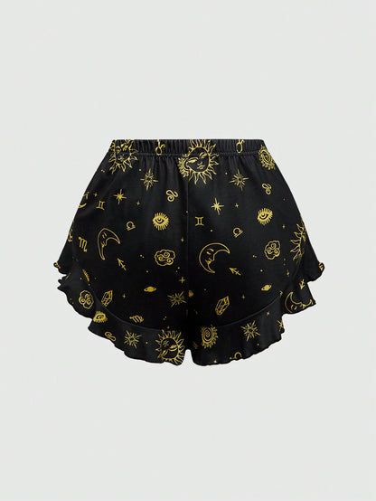 ROMWE Hippie Conjunto de pijama informal con estampado de estrellas de día y noche y dobladillo con volantes