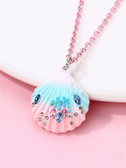 1 pieza Collar colgante con decoración de piedras rhinestone y pintura de degradado de concha de aleación de zinc para niñas pequeñas, joyería de uso casual