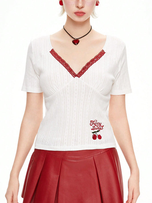 ROMWE Kawaii Camiseta de manga corta con cuello de encaje bordado con flores de cerezo para mujeres, escolar