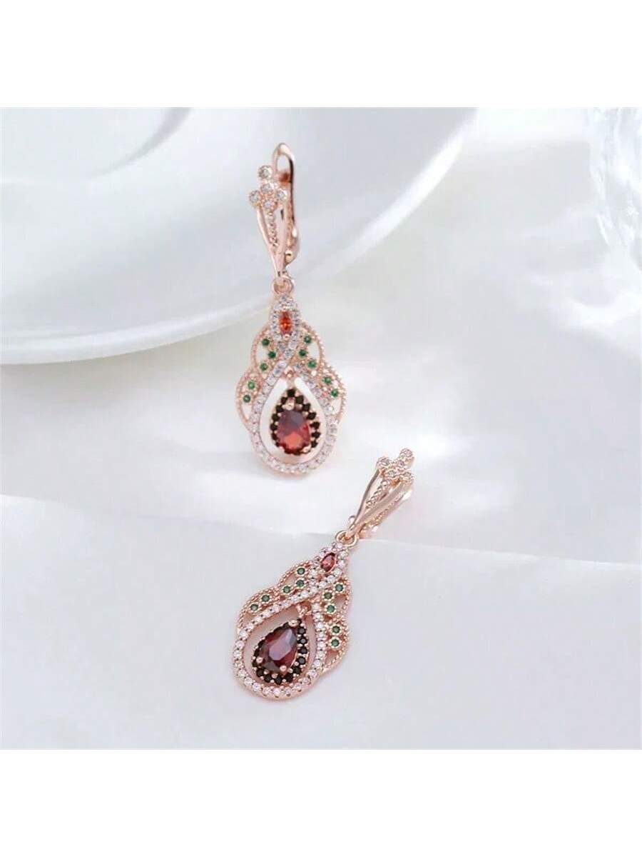 1 par de pendientes colgantes con forma de gota de agua con rubíes y circonitas verdes, con borlas, lujosos y elegantes, perfectos para compromisos, bodas, fiestas, regalo de San Valentín