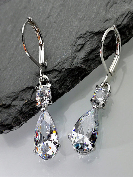 2 piezas Pendientes de clip de oreja con colgante de lágrima de cubic zirconia plateada de lujo - Pendientes colgantes de lujo elegantes, glamorosos y cautivadores con gemas de cubic zirconia brillantes para mujeres