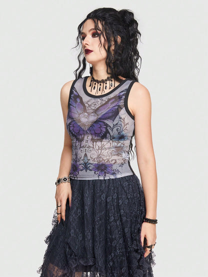 ROMWE Goth Top tank con estampado de mariposa sin sujetador