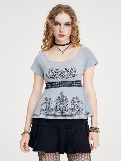 ROMWE Fairycore Camiseta Ajustada Con Encaje De Cintura Baja Sexy Para Mujeres Con Detalles De Flor, Estrás Y Hojas De Plantas