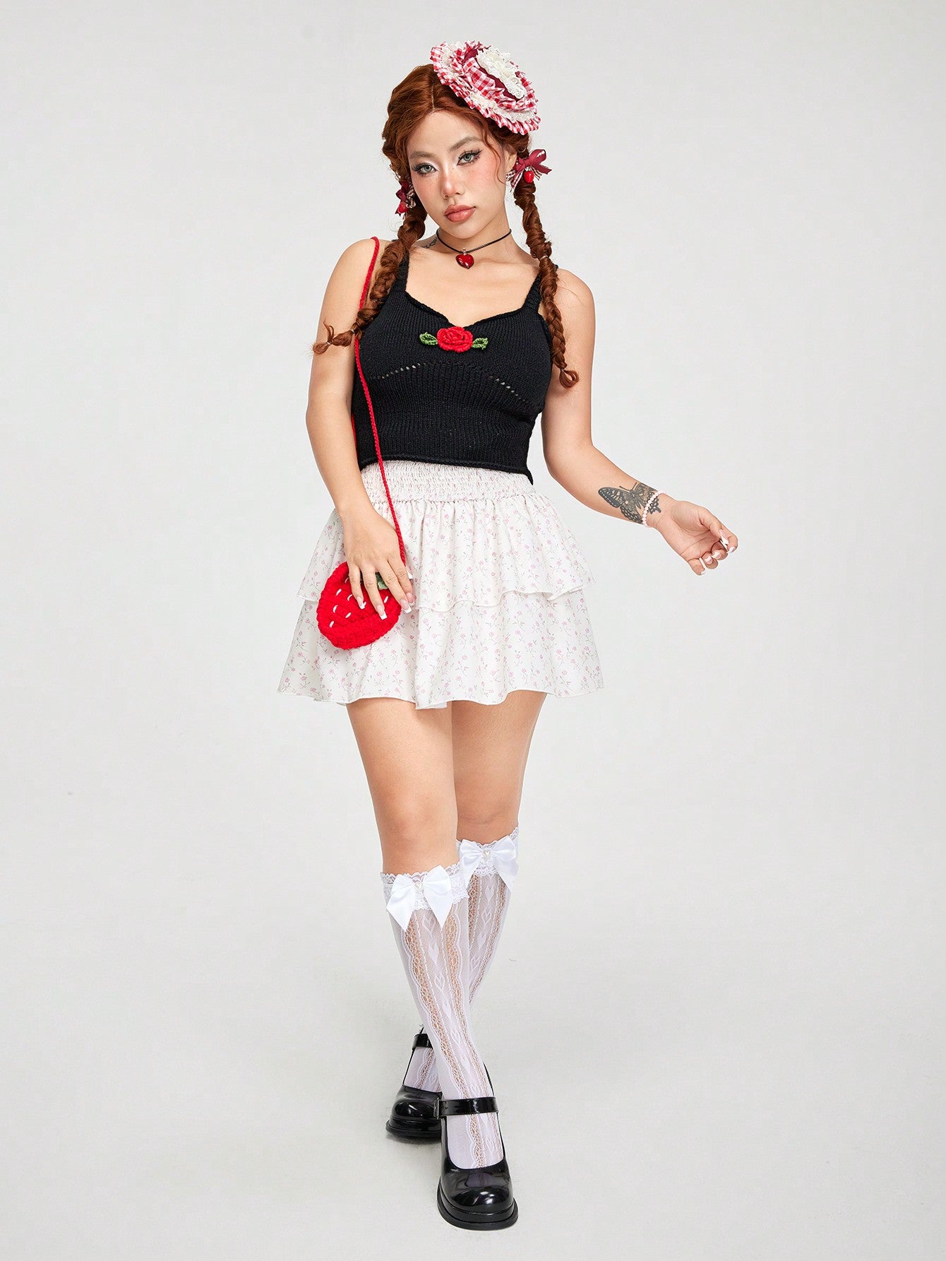 ROMWE Kawaii Top de punto de verano para mujer dulce y encantador decorado con rosas