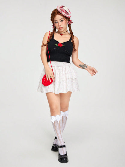 ROMWE Kawaii Top de punto de verano para mujer dulce y encantador decorado con rosas
