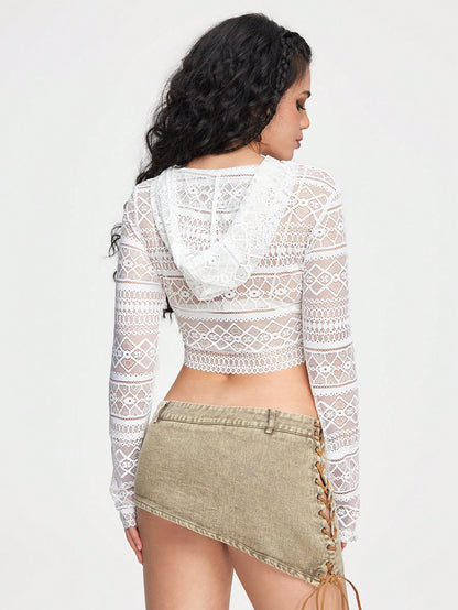 ROMWE Hippie Top largo de manga larga Primavera Verano de moda, ajustado y con capucha de encaje para mujeres