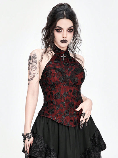 ROMWE Goth Top de tirantes asimétrico para mujer con cuello cruzado de encaje sexy y colgante, con dobladillo asimétrico