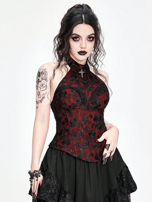 ROMWE Goth Top de tirantes asimétrico para mujer con cuello cruzado de encaje sexy y colgante, con dobladillo asimétrico