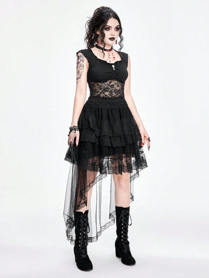 ROMWE Goth Top de tanque con adorno de colgante de diamante con corte bajo y ajuste delgado para mujer, con encaje empalmado y diseño hueco