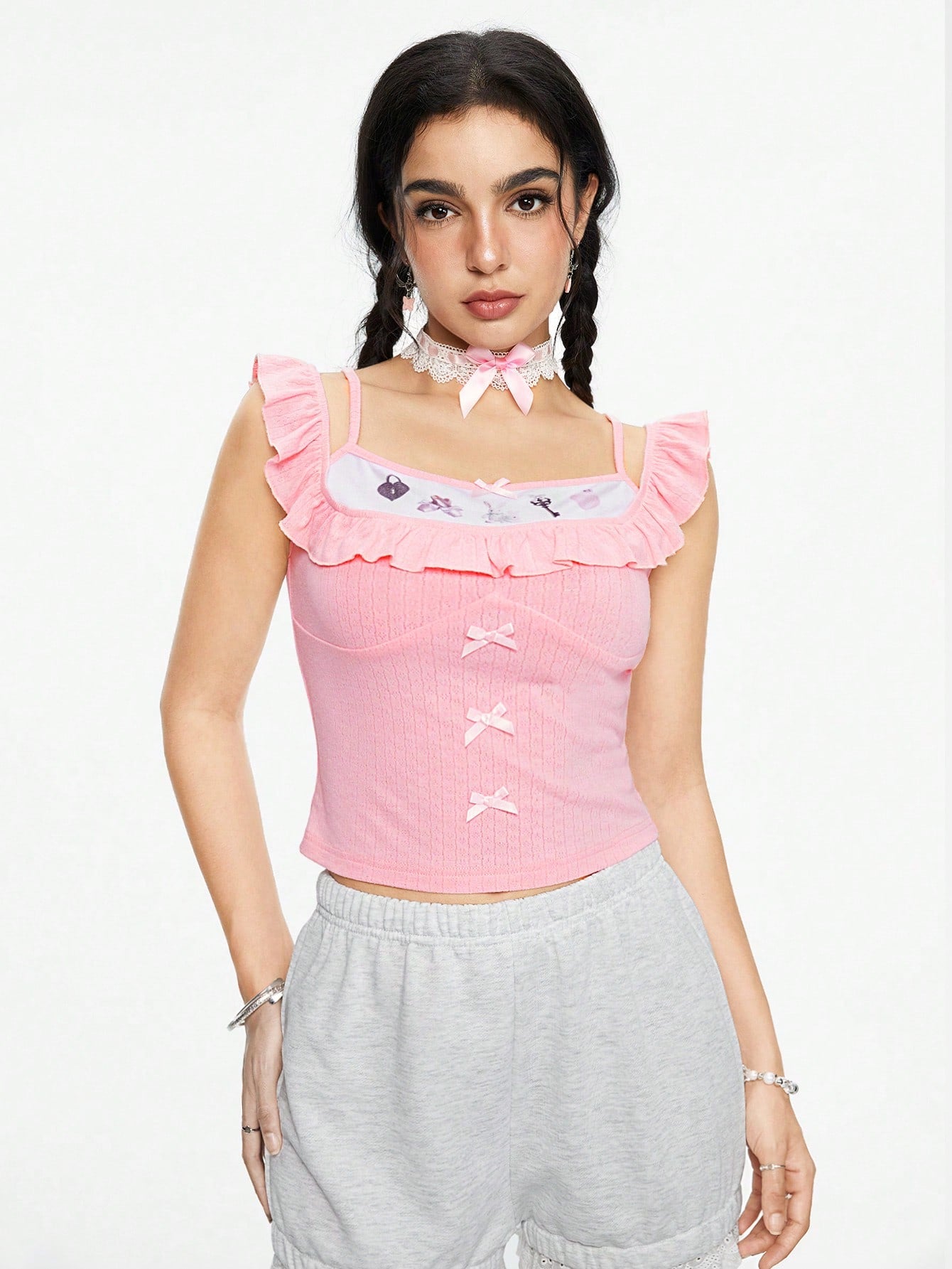 ROMWE Kawaii 1 pieza Blusa de tela texturizada con estampado de conejito y volantes, estilo niña inocente y lindo 2 en 1 para mujer
