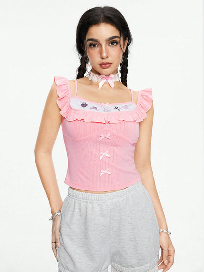 ROMWE Kawaii 1 pieza Blusa de tela texturizada con estampado de conejito y volantes, estilo niña inocente y lindo 2 en 1 para mujer