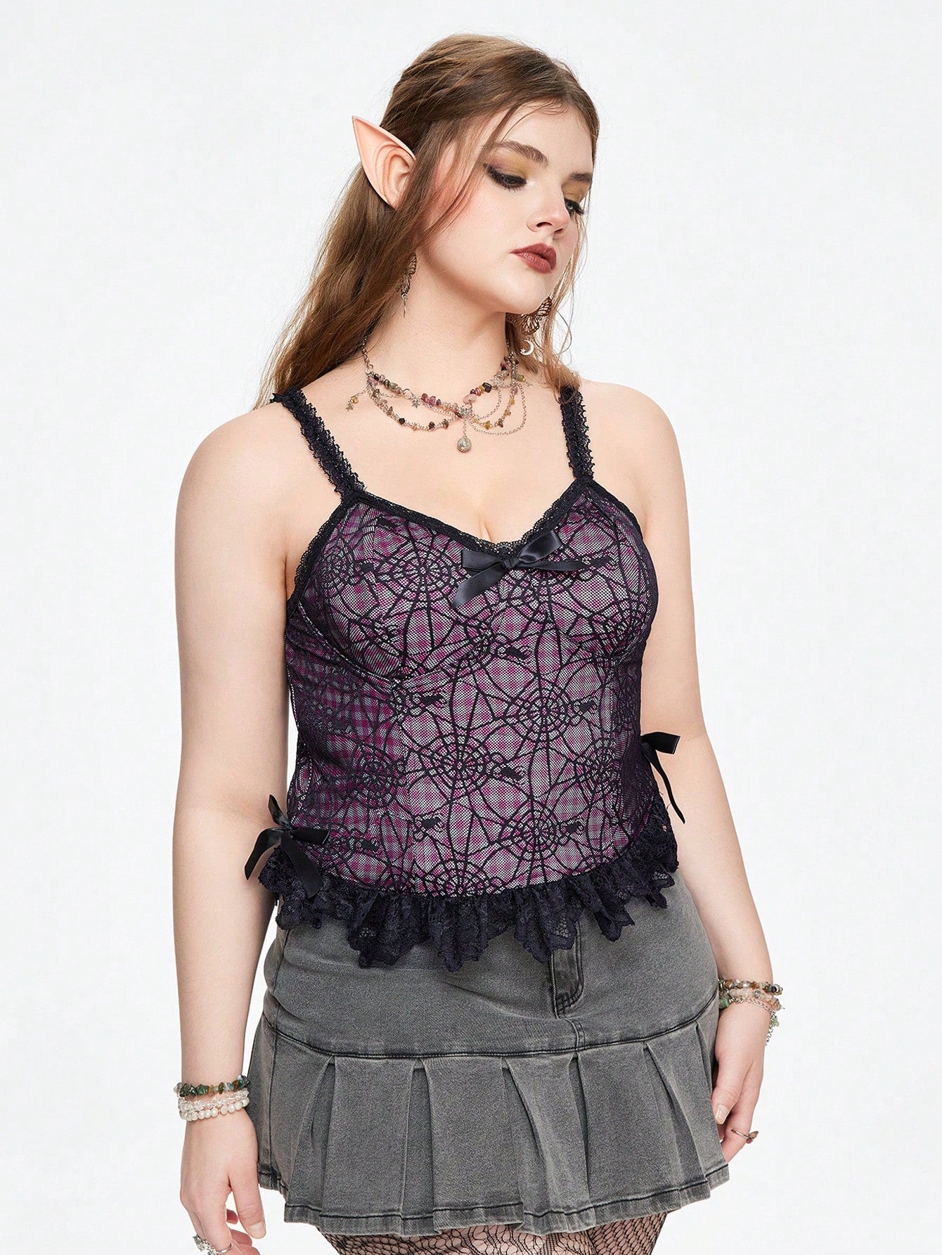 ROMWE Grunge Punk Top de camisola para mujer con encaje y dobladillo de volantes