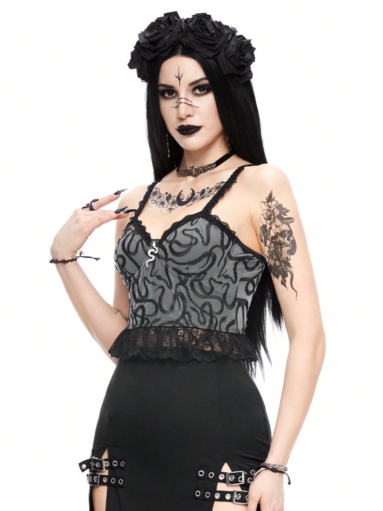 ROMWE Goth Camiseta sin mangas gótica de estampado de serpiente con bordado para mujer en verano