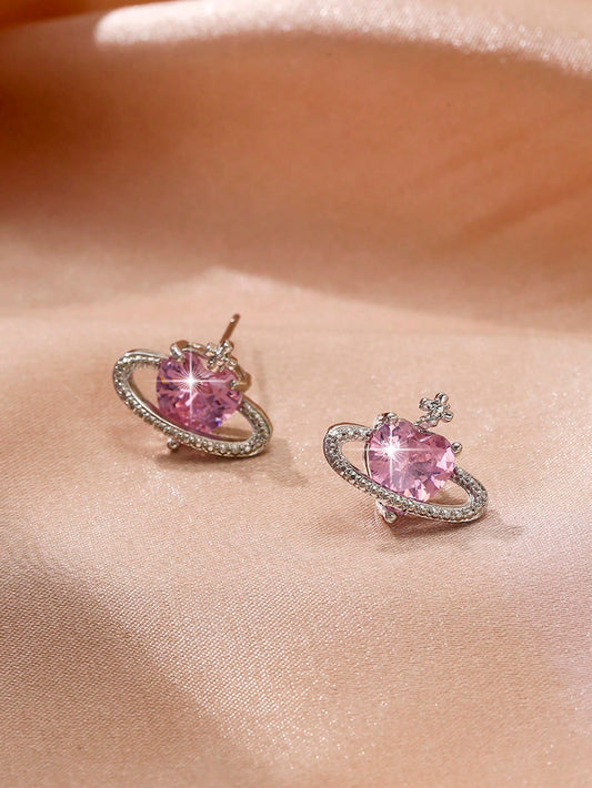 1 par Pendientes moda zirconia cúbica con corazón & con diseño de planeta para mujeres para decoración diaria