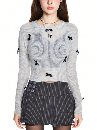 ROMWE Avant Suéter ajustado para mujer de manga larga con decoración de lazo, lindo y dulce