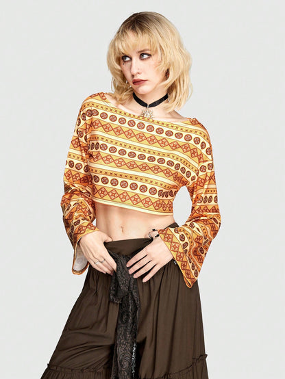 ROMWE Hippie Camiseta De Manga Campana Con Patrón Geométrico Para Mujeres